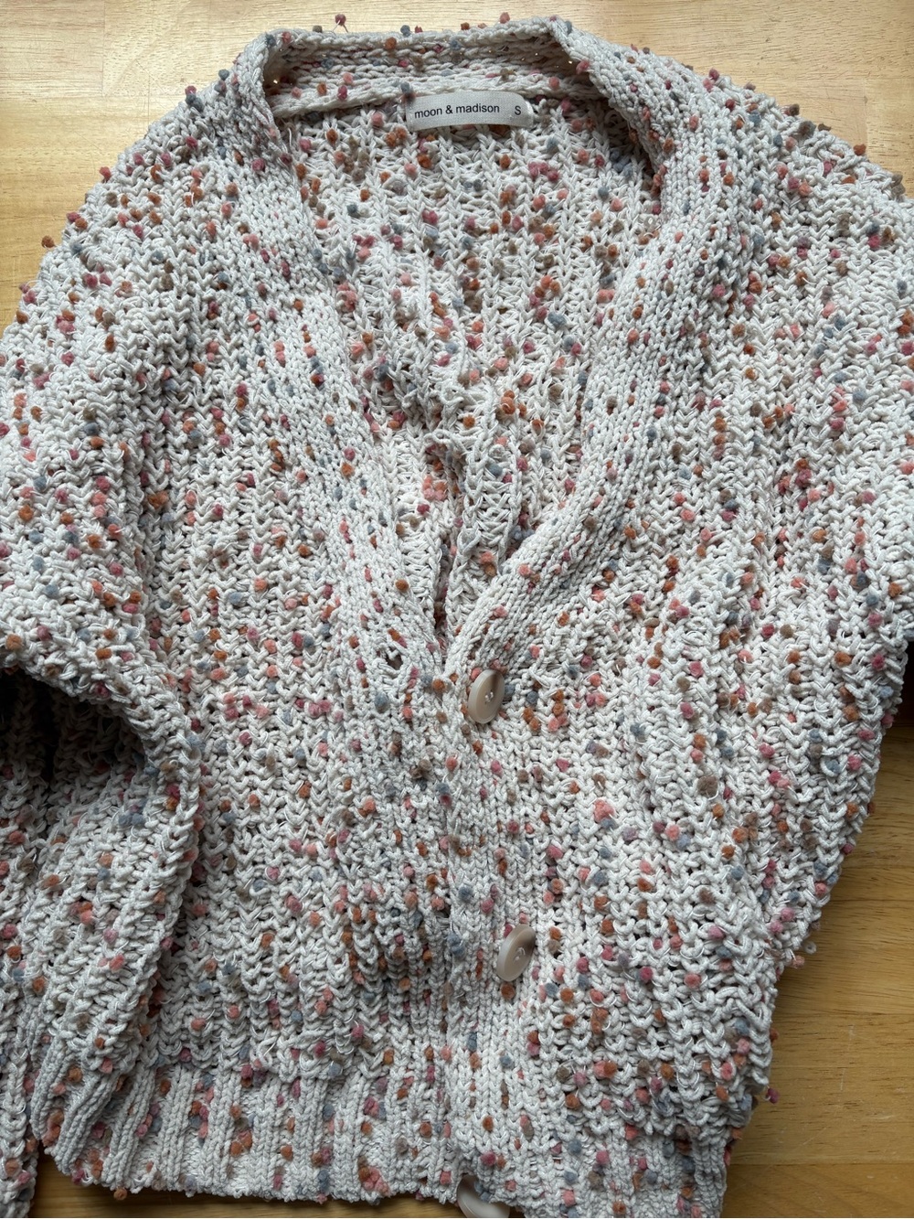 moon & madison cream open-knit cardigan with pink and tan flecks